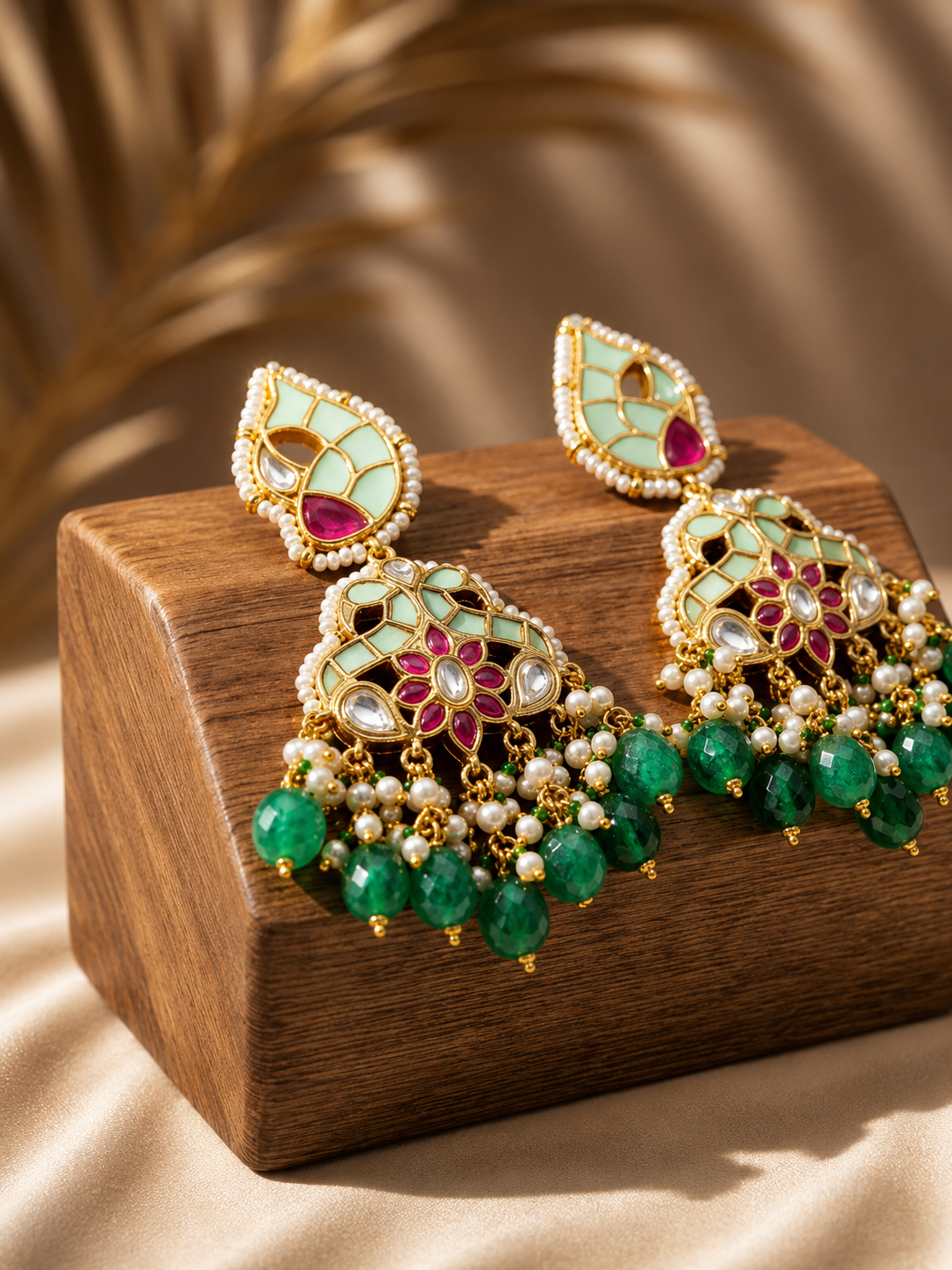 Mint Green Meenakari Jadau Pearl Chandbali Earrings