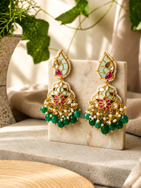 Mint Green Meenakari Jadau Pearl Chandbali Earrings