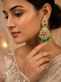 Mint Green Meenakari Jadau Pearl Chandbali Earrings