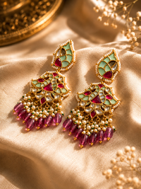 Mint & Ruby Meenakari Jadau Chandelier Earrings