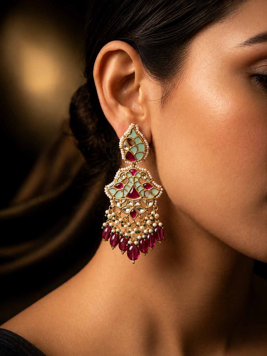 Mint & Ruby Meenakari Jadau Chandelier Earrings