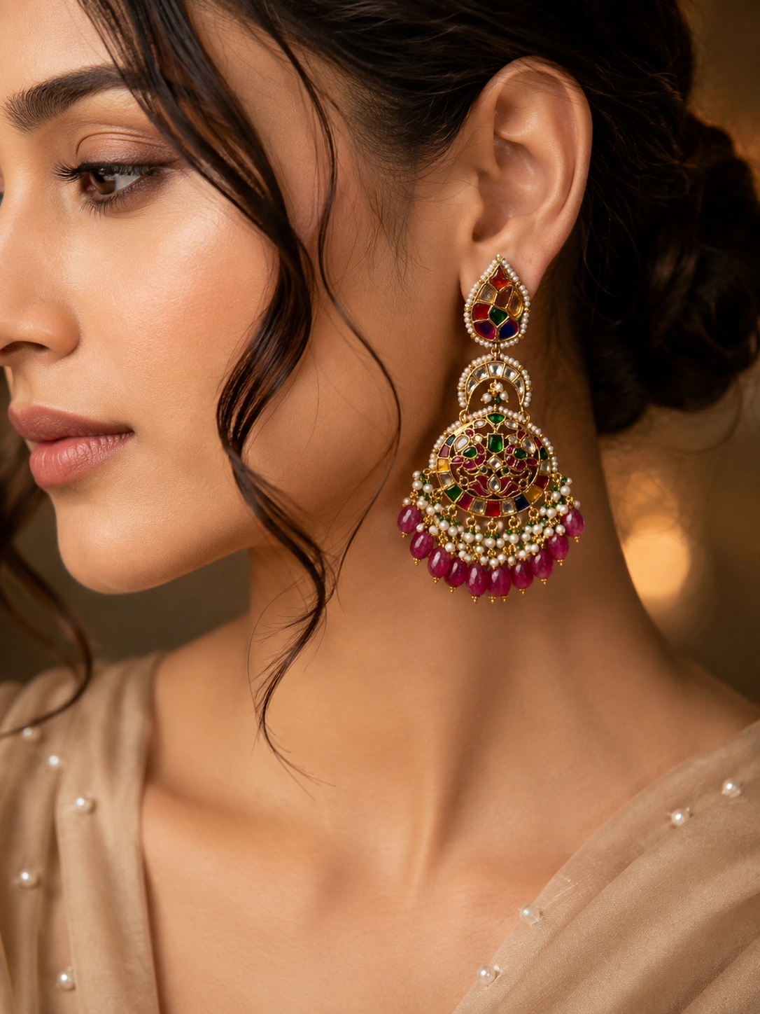 Regal Navratna Multi-Color Chandbali Earrings