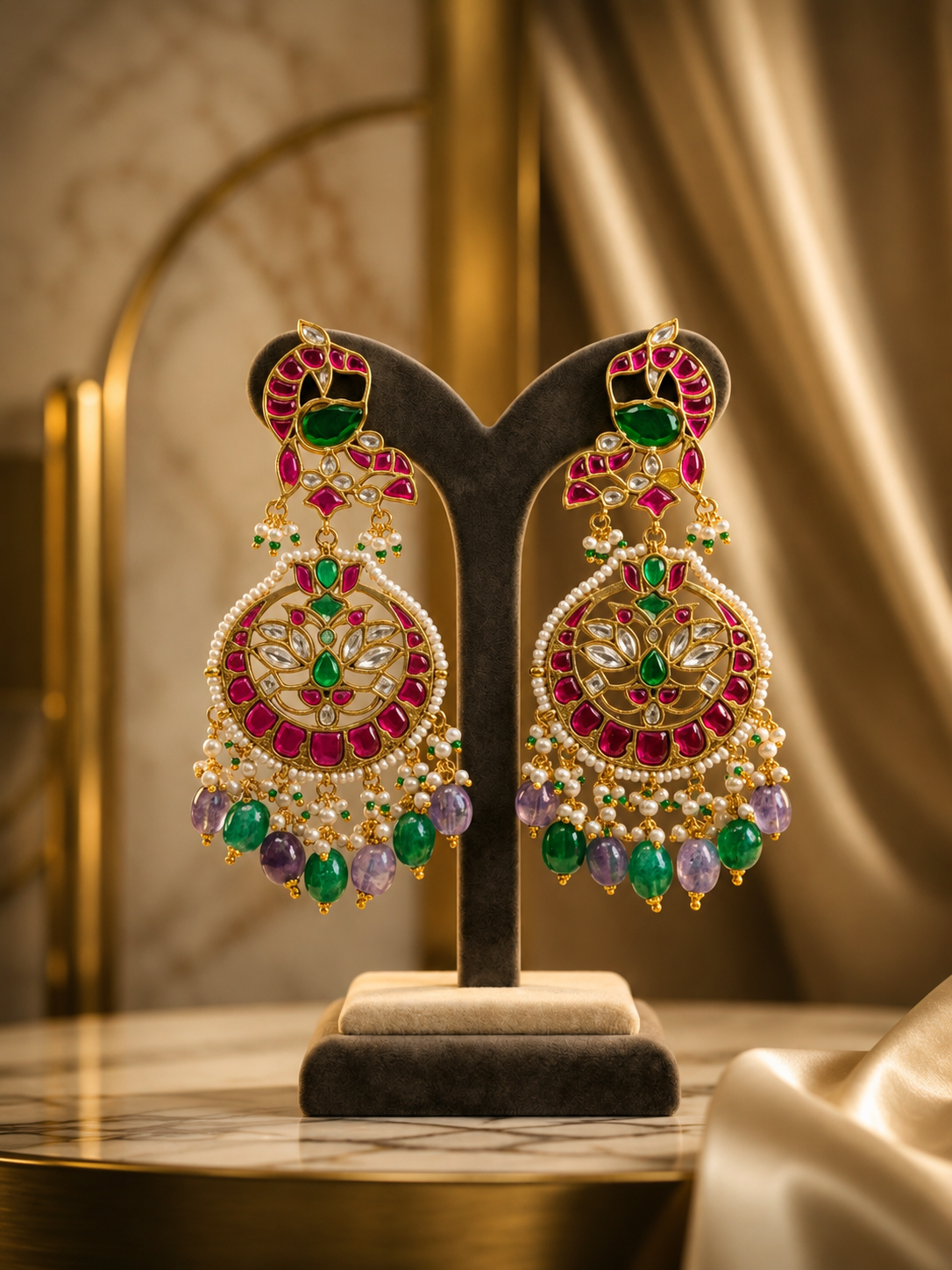 Royal Meenakari Emerald & Ruby Chandbali Earrings
