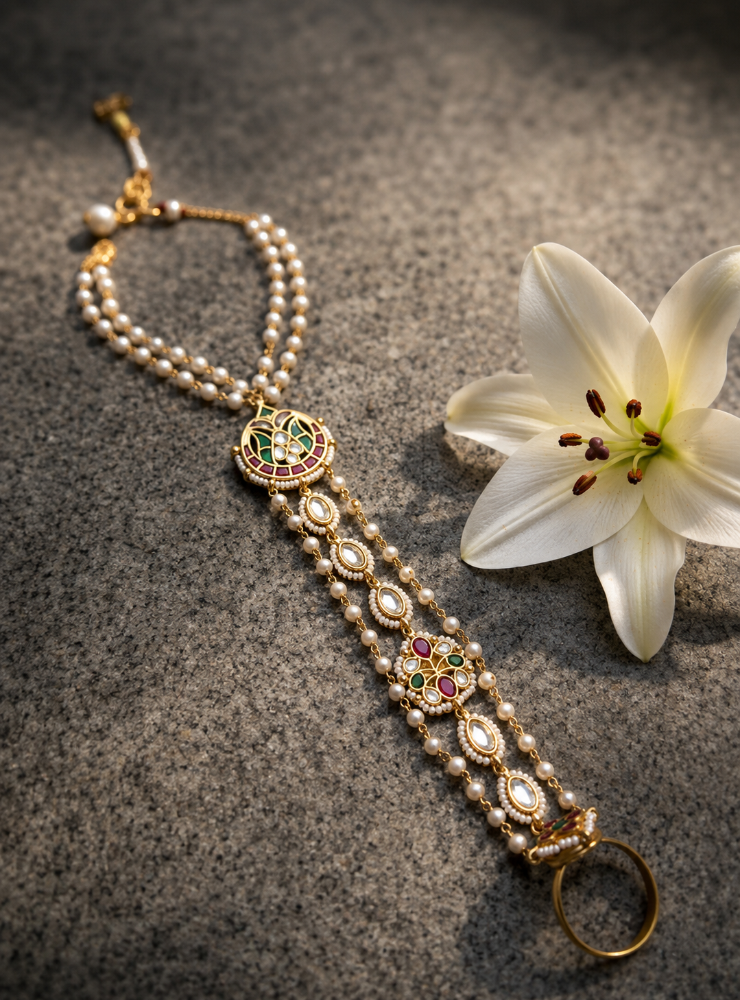 Royal Meenakari Pearl Jadau Ring Bracelet (2 Pcs)