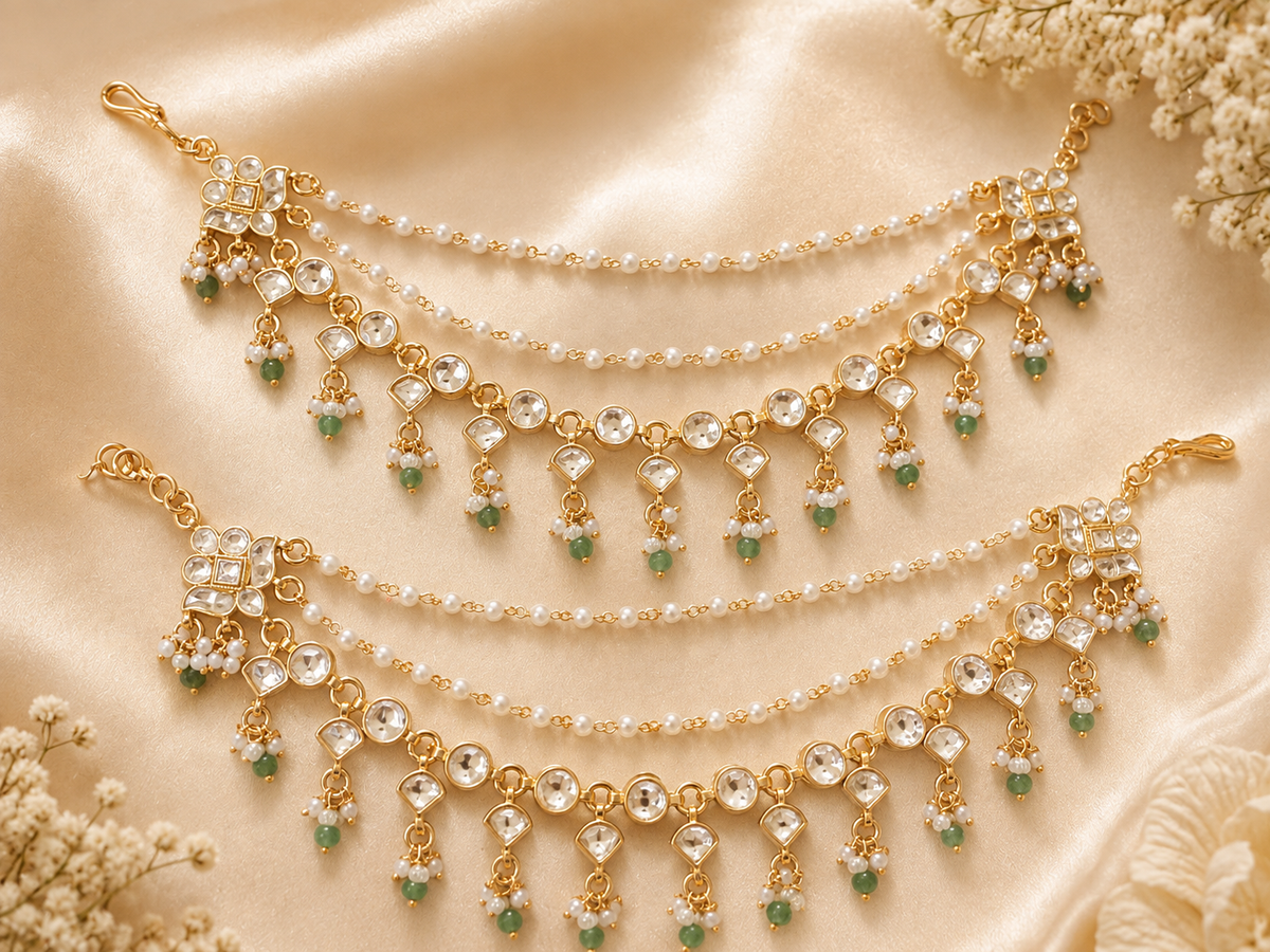 Jadau multi layer ear chain with pearls and green beads drop