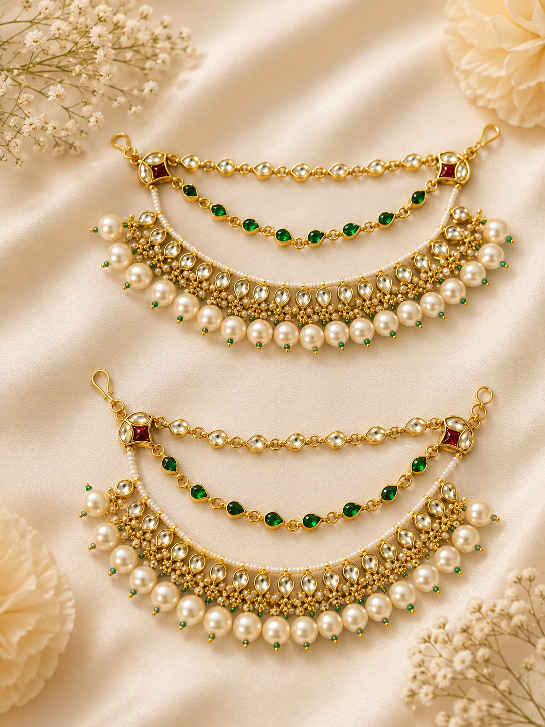 Emerald Pearl Jadau Ear Chain