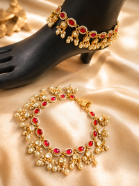Ruby red stone jadau Payal with Pearl drops