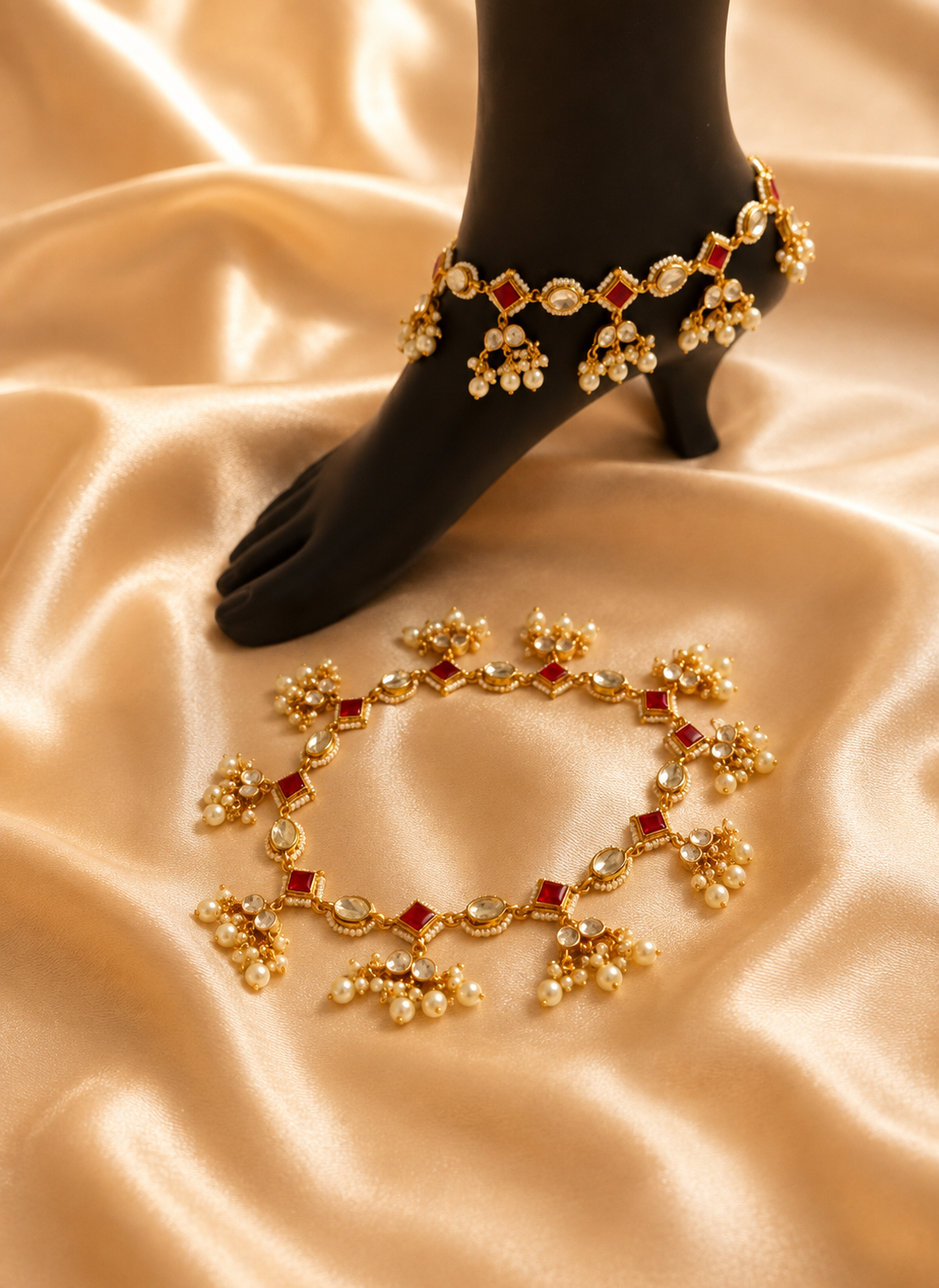 Ruby Red & White Stone Jadau Payal with Pearl Drop beads