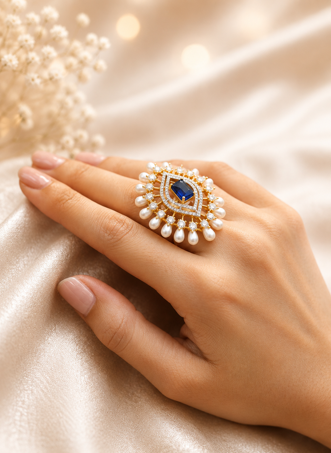 Royal Sapphire Pearl Statement Ring