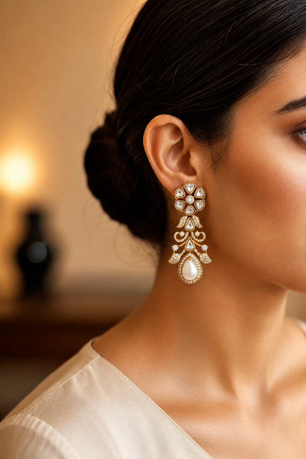 Ivory Noor Kundan Drop Earrings