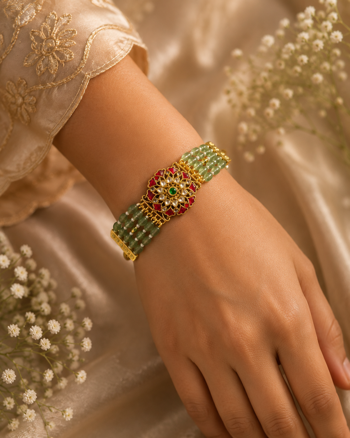 Royal Multi-Strand Green Beaded Jadau Bracelet