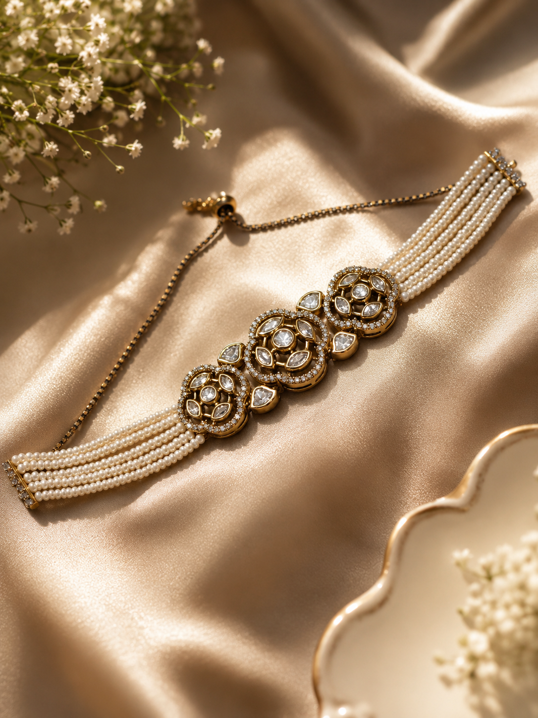 Victorian Kundan and pearl beaded AD Diamond bracelet