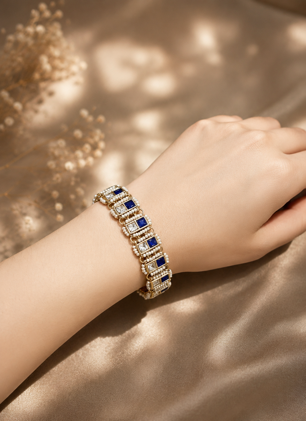 Royal Blue Square CZ Pearl Jadau Bracelet