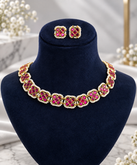 Ruby Pearl Lattice Jadau Necklace Set