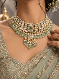 Jadau monopoly necklace with green beads and pearls