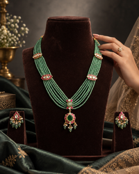 Traditional multilayered green beaded long necklace