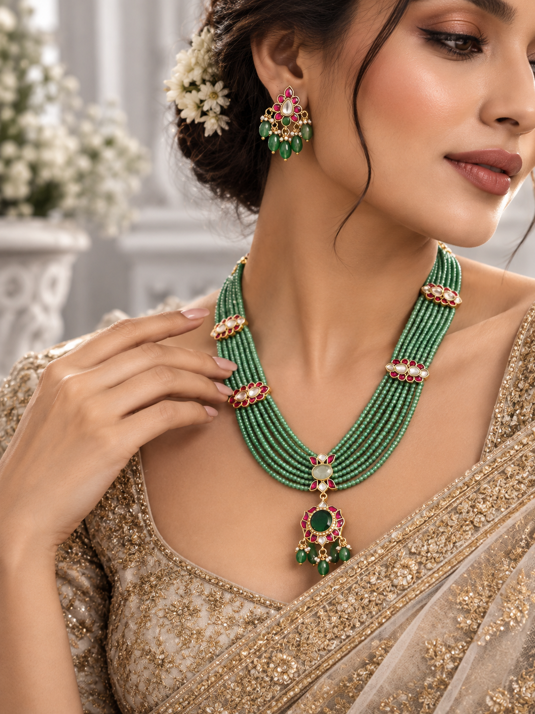 Traditional multilayered green beaded long necklace