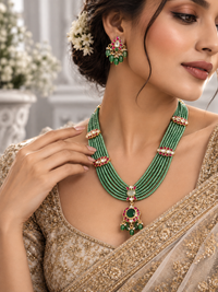Traditional multilayered green beaded long necklace
