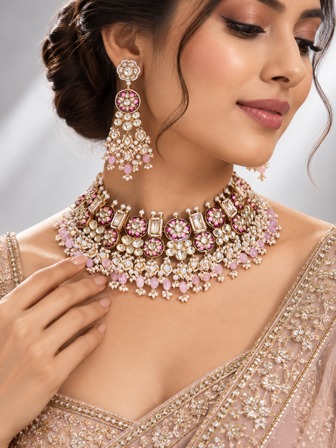 Pink Polki choker necklace set