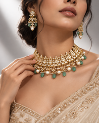 Gold-toned polki choker necklace with green beads and pearl drops