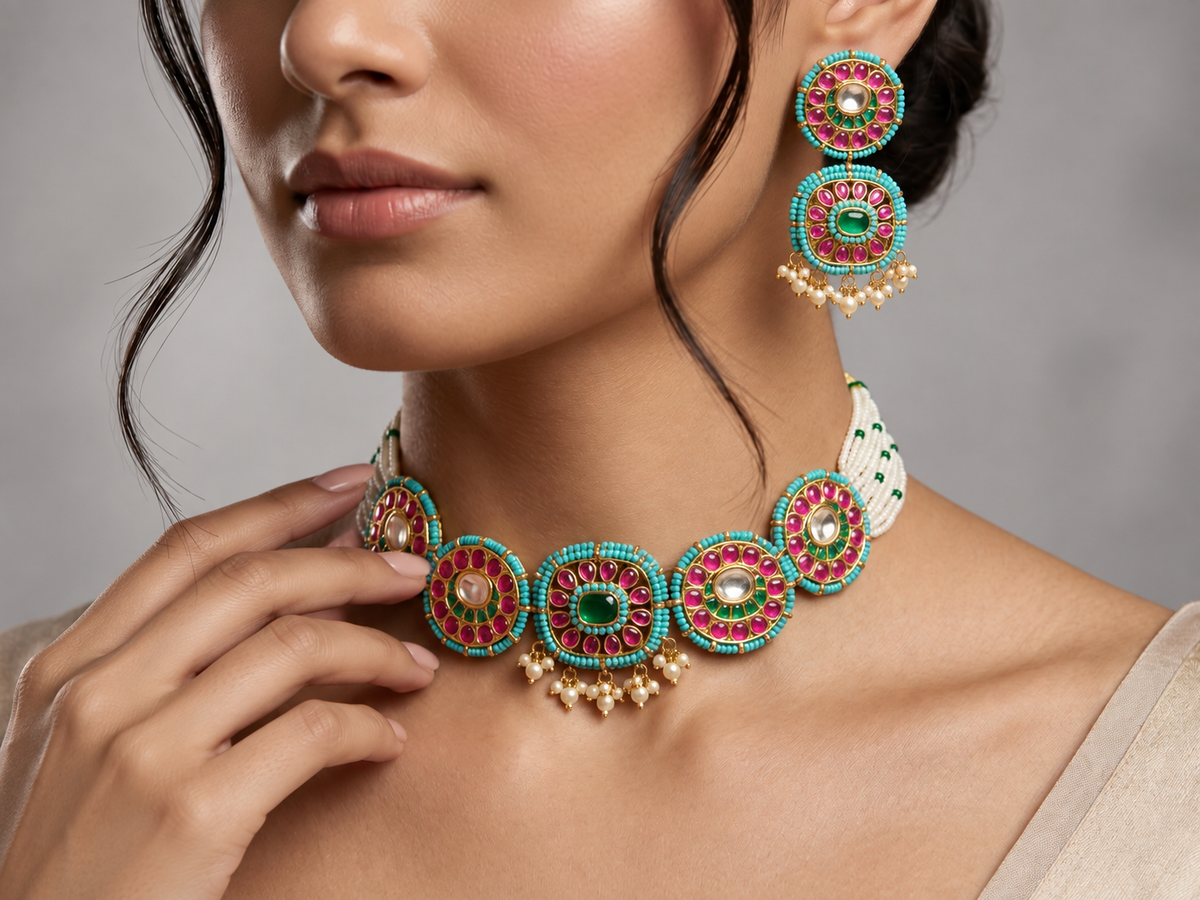 Turquoise Ruby Jadau Choker Set