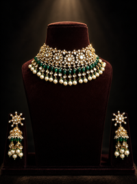 Jadau Polki emerald and pearl choker necklace set