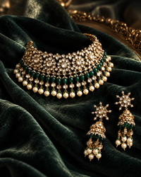 Jadau Polki emerald and pearl choker necklace set