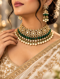 Jadau Polki emerald and pearl choker necklace set
