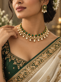 Traditional gold-toned jadau polki and pearl necklace set with green stones