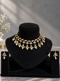 Jadau polki choker necklace set with pearl drops