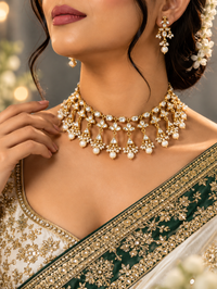 Jadau polki choker necklace set with pearl drops