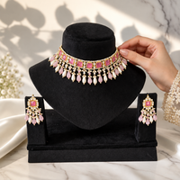 Jadau polki and pink stone choker necklace set with pearl drops