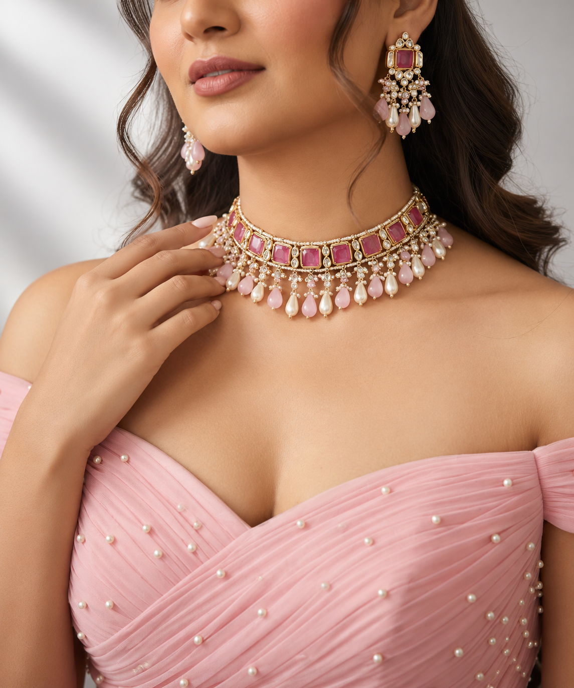 Jadau polki and pink stone choker necklace set with pearl drops
