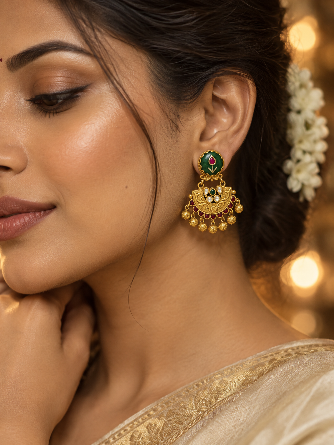 Green Jadau chandbali earrings (Silver 92.5)