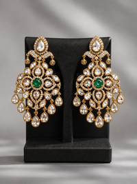 Emerald Kundan Chandeliers Earrings with AD Diamond stone