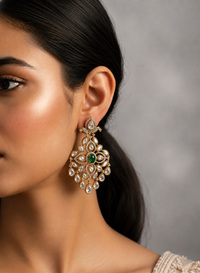 Emerald Kundan Chandeliers Earrings with AD Diamond stone