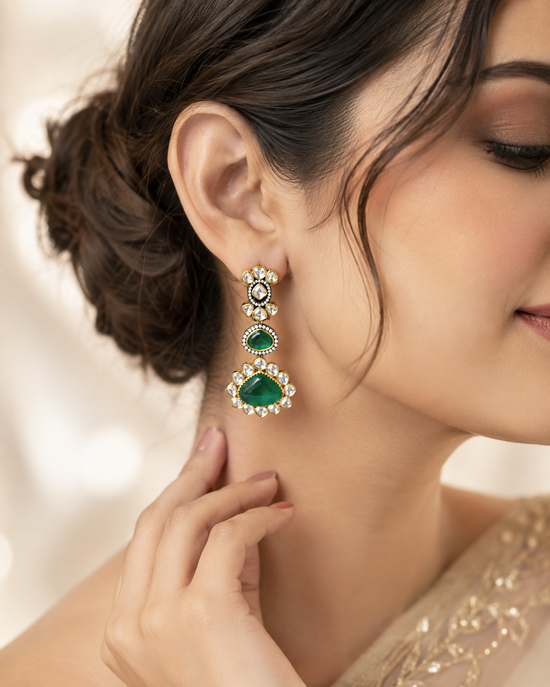 Emerald Polki Stone Drop Earrings
