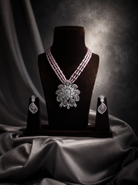 Pink beads and AD Diamond long necklace with matching drop earrings
