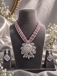 Pink beads and AD Diamond long necklace with matching drop earrings
