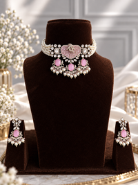 Blush Pink Kundan Choker Necklace Set with AD Diamond