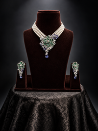 AD Diamond Floral Pearl choker Necklace with matching earrings