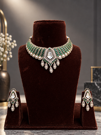 Victorian-style emerald green Kundan choker necklace with matching earrings