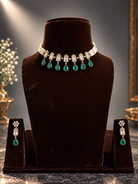 Emerald and AD diamond-style choker necklace and earring set