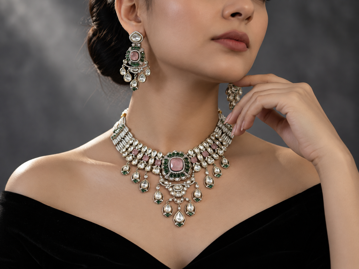 Victorian-style Polki choker necklace and earring set