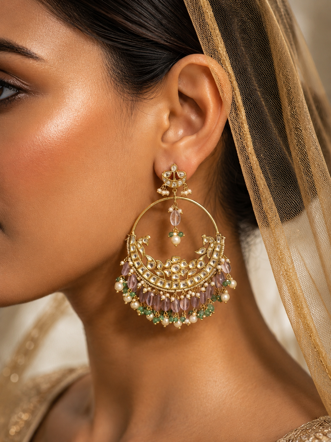 Jadau chandbali earrings with green beads and pearls