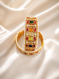 Traditional Jadau Pearl Bridal Kada Bangles with Ruby & Emerald Meenakari Design