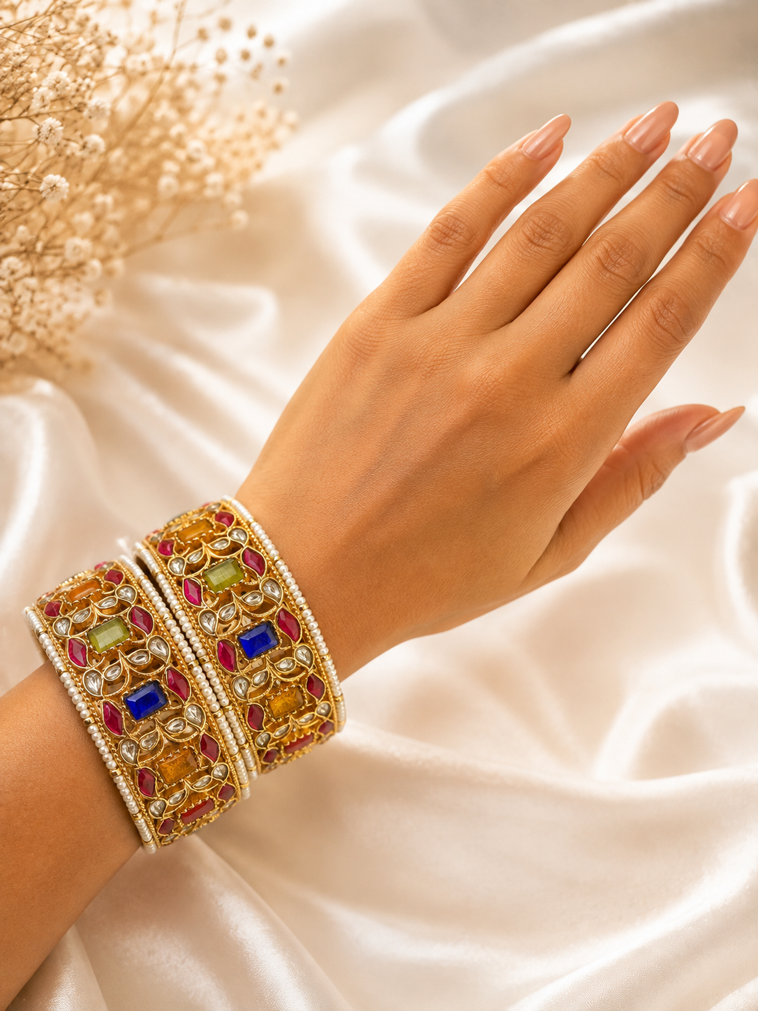 Traditional Jadau Pearl Bridal Kada Bangles with Ruby & Emerald Meenakari Design