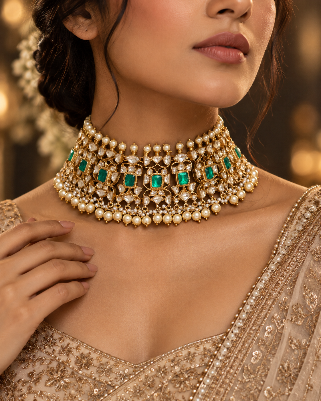Classic polki, Emerald and pearl choker necklace