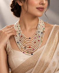 Navratna real beads and fresh water pearl Mala (Basra tone)