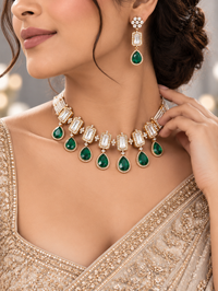 Emerald and AD diamond-style choker necklace and earring set